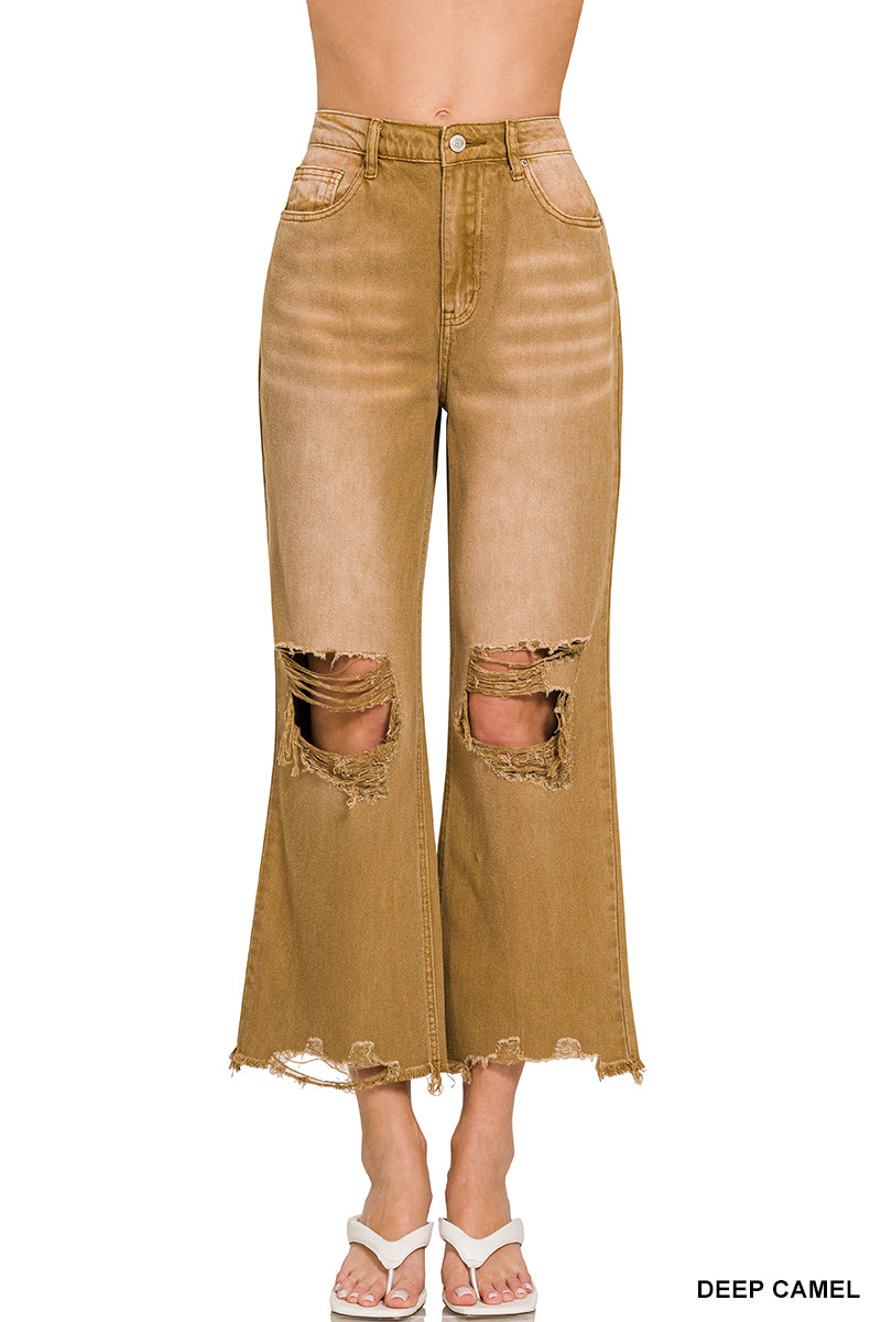 Zenana Mid-Rise Straight Distressed Knee and Hem Cropped Jeans Deep