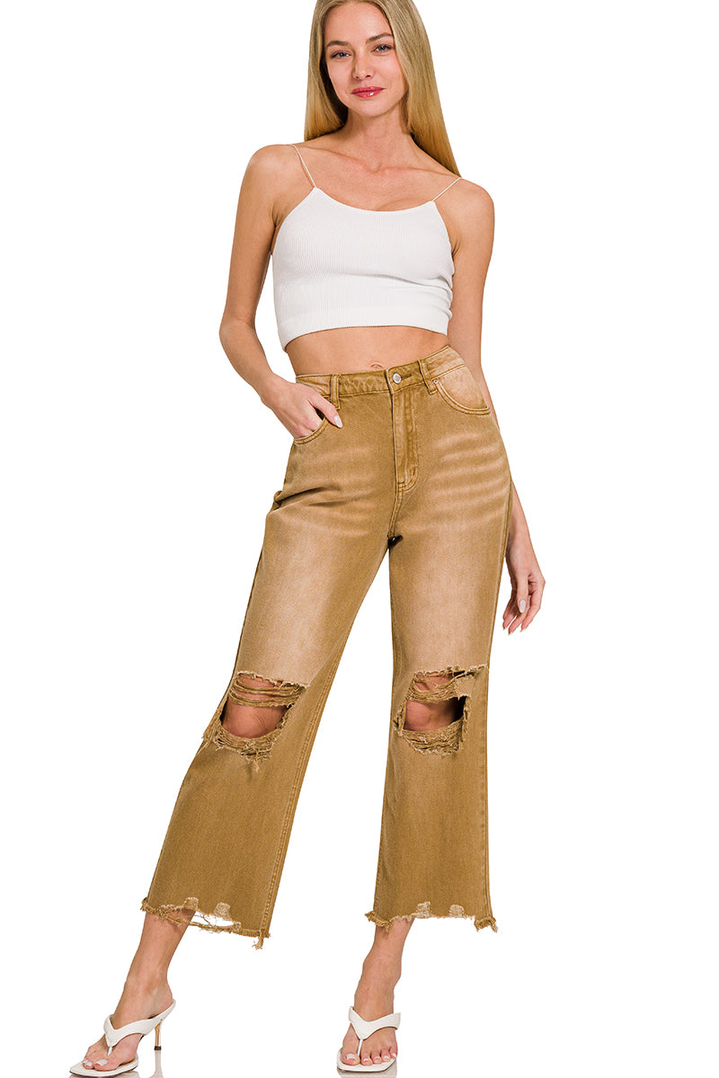 Zenana Mid-Rise Straight Distressed Knee and Hem Cropped Jeans - Deep Camel