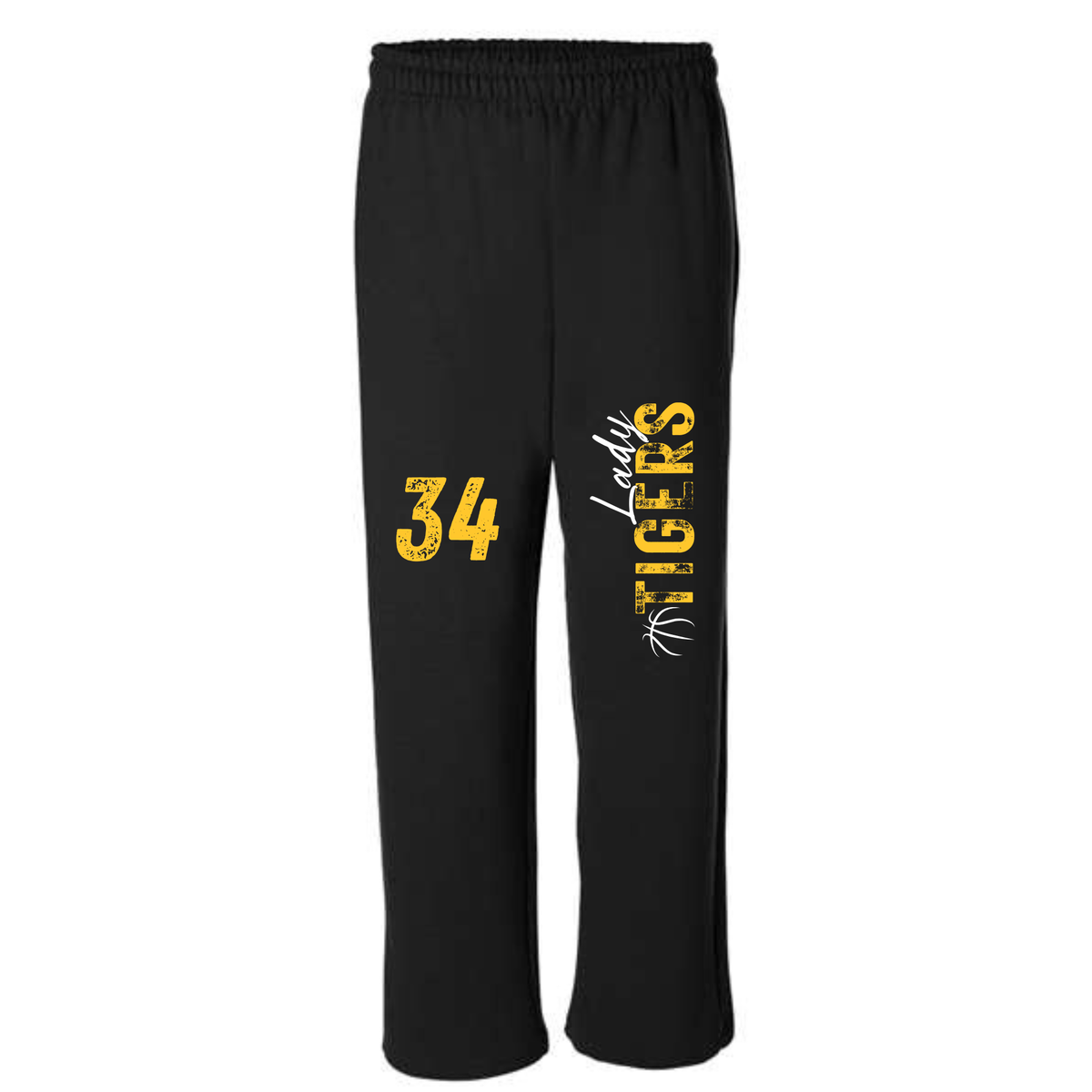 Lady Tigers Basketball Open Bottom Sweat Pants - Rustic Print w/Number