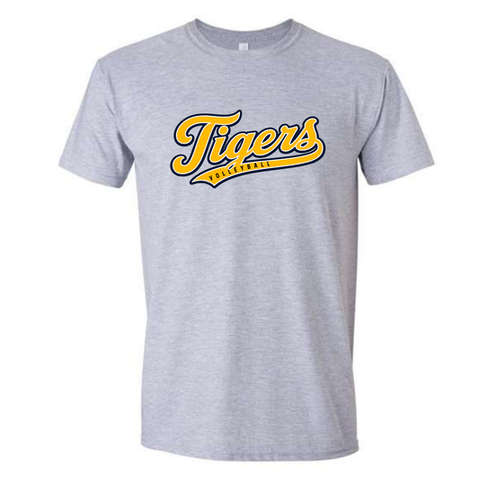 Tigers Volleyball Retro Script Tee Shirt, Crewneck Sweatshirt or Hoodie - Grey