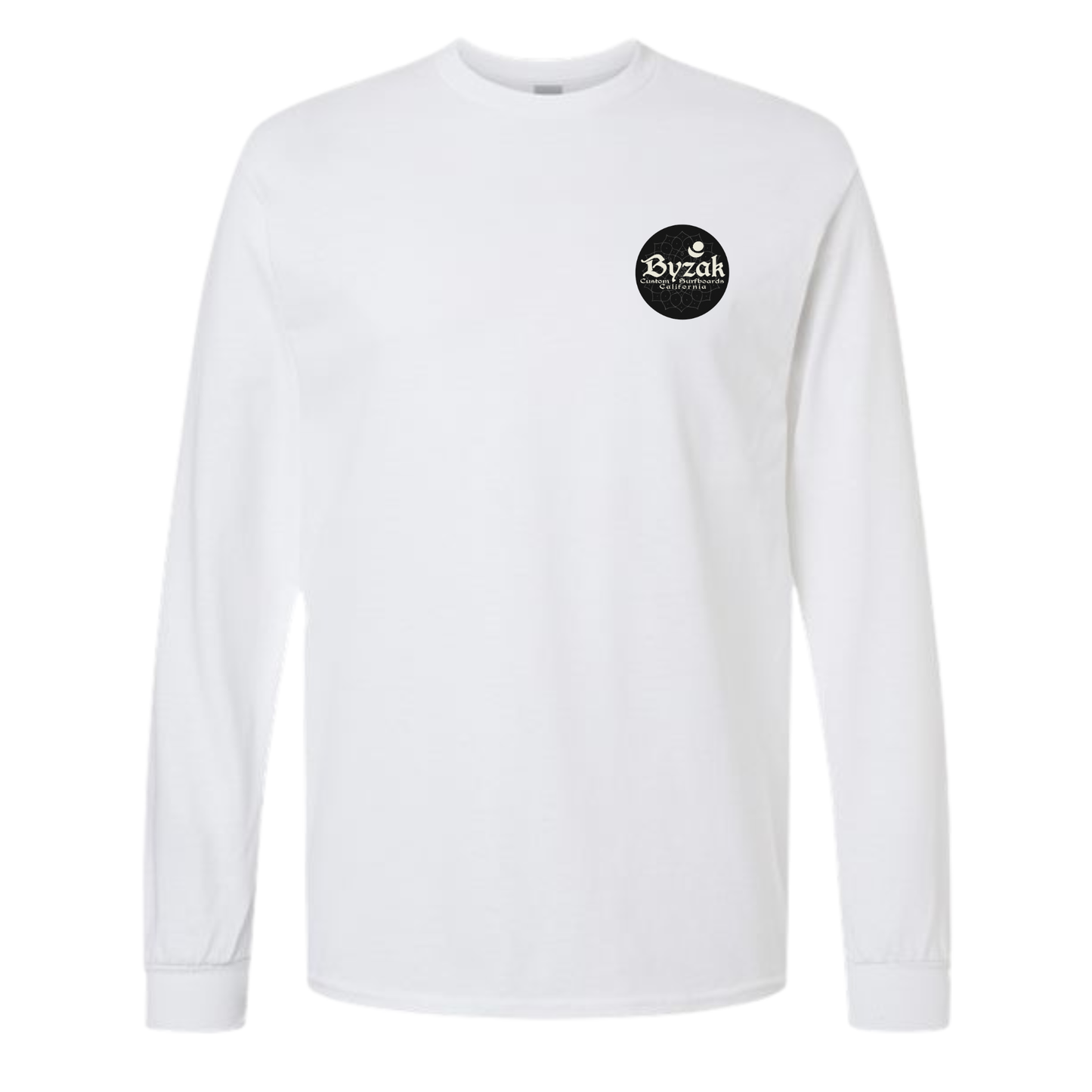 Byzak Surfboards Long Sleeve Tee Shirt- White w/Black Logo