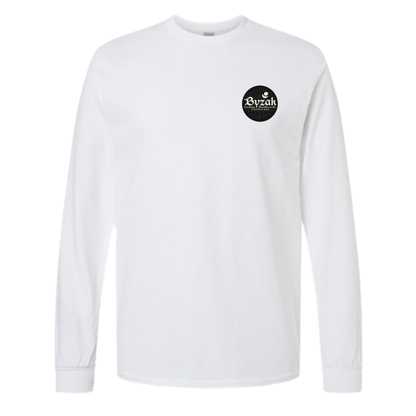 Byzak Surfboards Long Sleeve Tee Shirt- White w/Black Logo