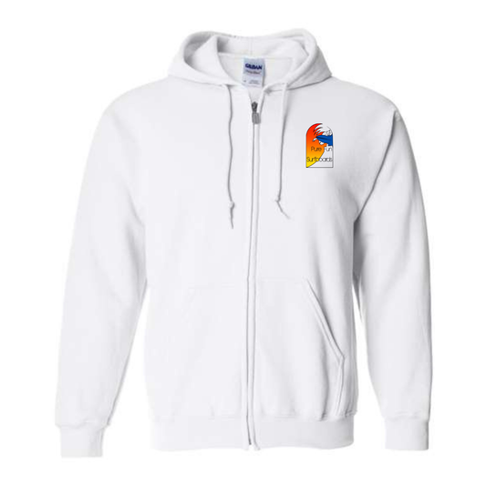Byzak Surfboards Pure Fun Zip Up Hoodie- White w/Colorful