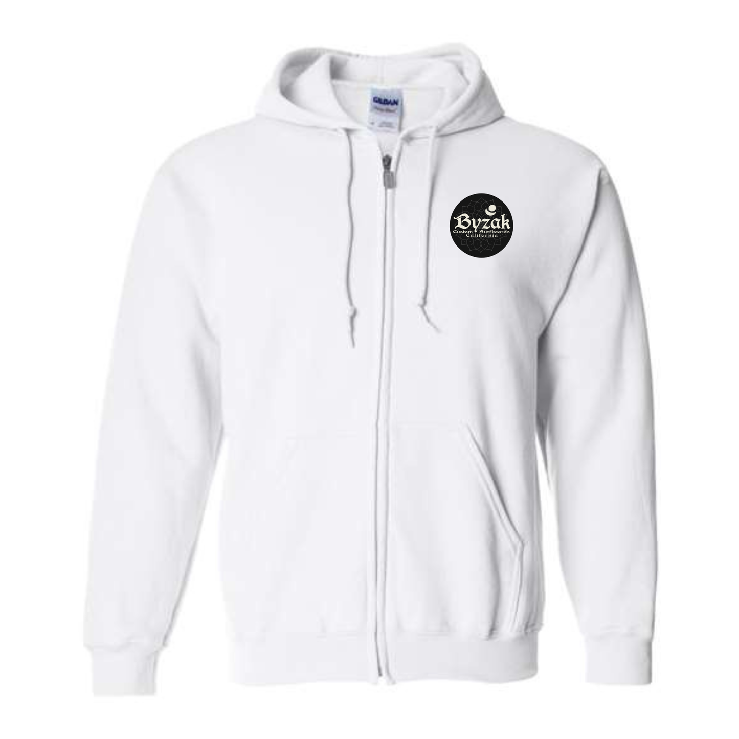 Byzak Surfboards Zip Up Hoodie- White w/Black Logo