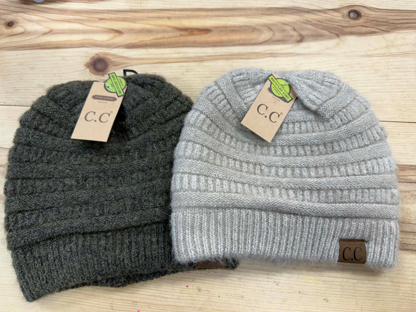 Recycled Yarn Fuzzy Lined C.C. Beanie - Green or Oatmeal