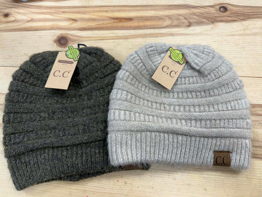 Recycled Yarn Fuzzy Lined C.C. Beanie - Green or Oatmeal