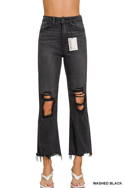 Zenana Mid-Rise Straight Distressed Knee and Hem Cropped Jeans - Black