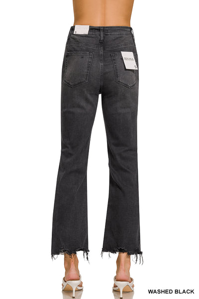 Zenana Mid-Rise Straight Distressed Knee and Hem Cropped Jeans - Black