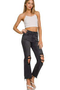 Zenana Mid-Rise Straight Distressed Knee and Hem Cropped Jeans - Black