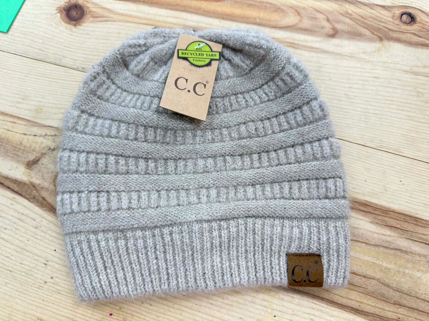 Recycled Yarn Fuzzy Lined C.C. Beanie - Green or Oatmeal